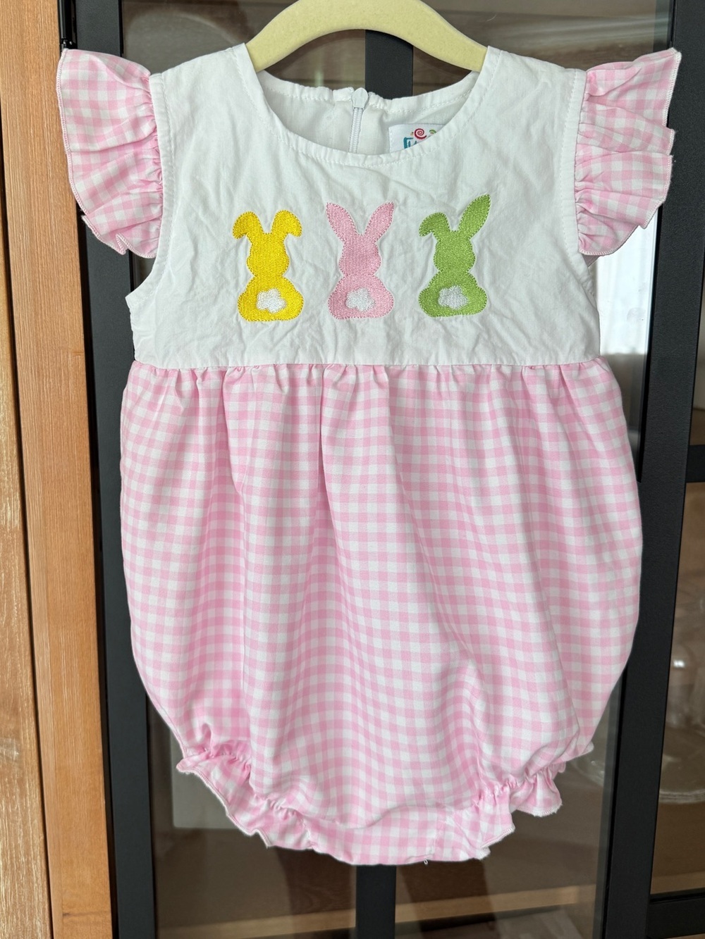 Gingham bunny bubble embroidered romper ruffle baby girl easter funfetti kids